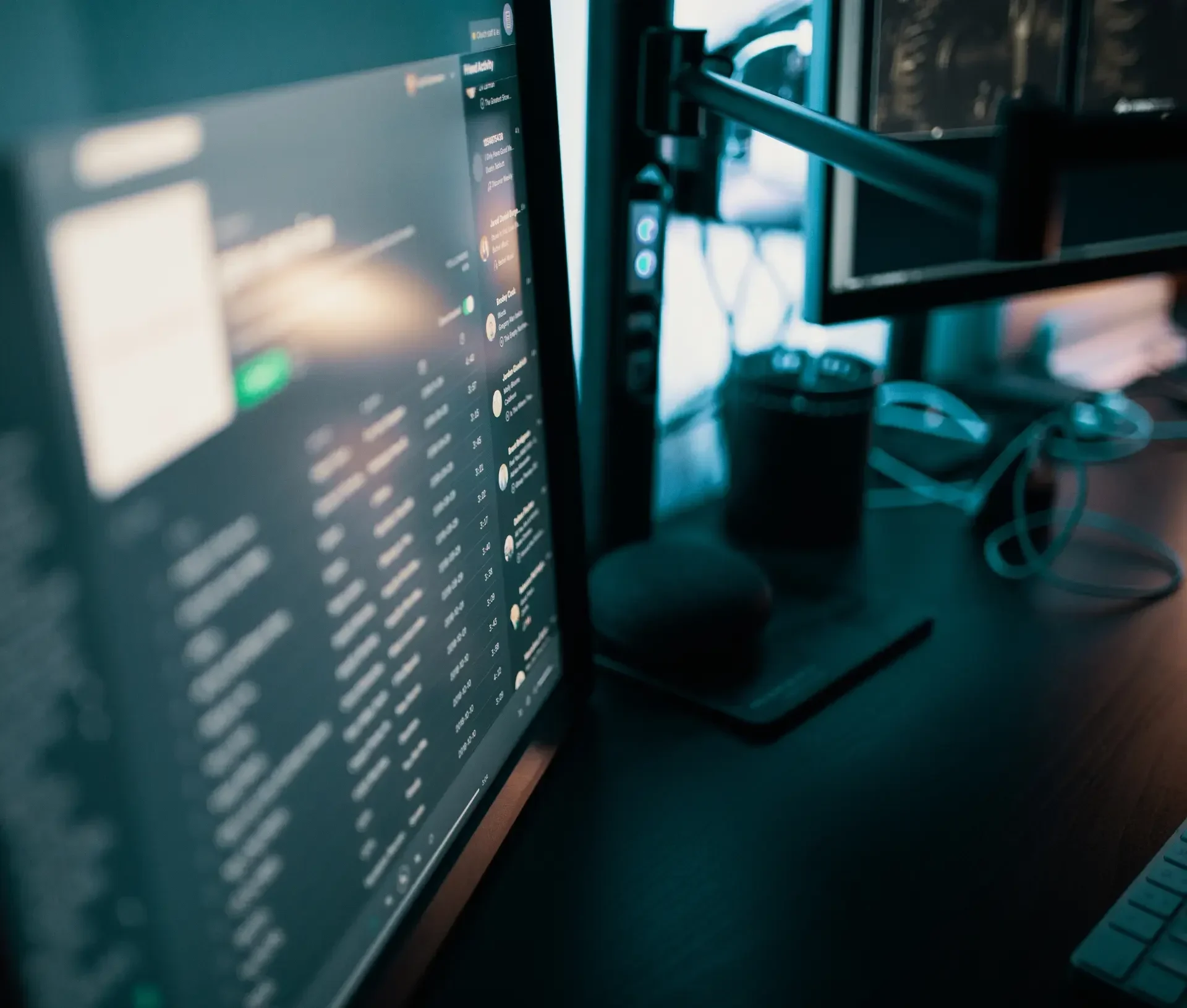 A close up of a computer monitor displaying a music playlist interface on a dark desk with monitors, cables, and a speaker—illustrating how technology driven spaces can benefit from business security and 24/7 threat monitoring.