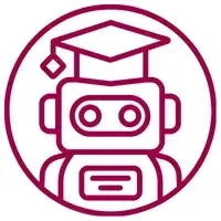 A simple line drawing of a robot wearing a graduation cap, symbolizing an ai coaching knowledge assistant, enclosed in a circular border.