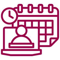 Icon showing a person at a desk on a computer screen, with a clock and calendar in the background, representing scheduling or online appointments—ideal for cv parser tools or efficient candidate outreach.