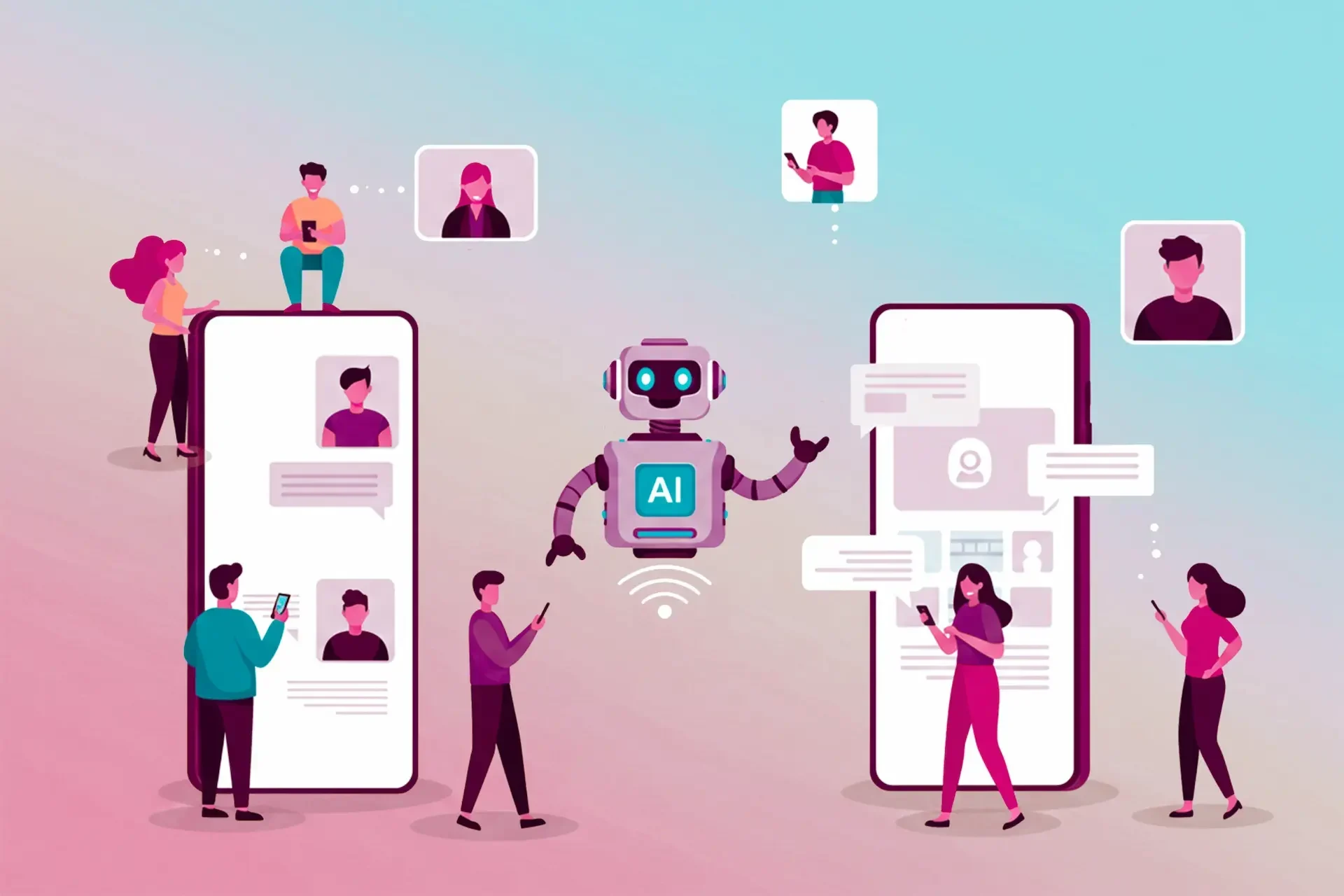 Illustration of people interacting with mobile devices and a central ai robot, highlighting digital communication, ai training, and artificial intelligence integration to boost business competitiveness in online interactions.