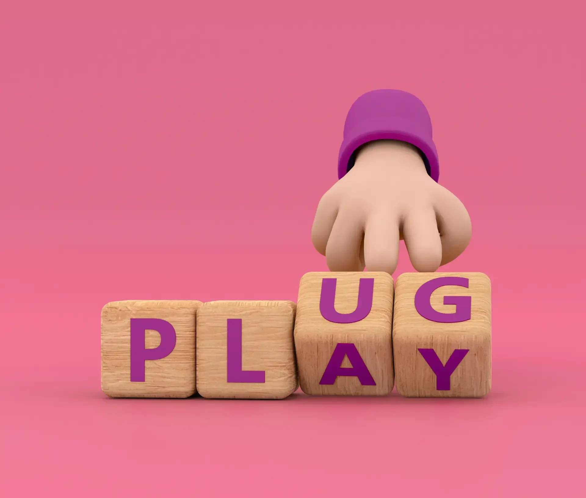A hand moves a wooden block displaying the letter "g" next to blocks spelling "play," forming "plug" on a pink background, symbolizing plug and play ai for seamless sme business solutions.