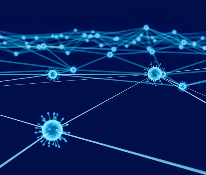 Digital illustration of virus like particles connected by glowing blue lines, representing a network or data flow on a dark blue background. The scene suggests how AI discovered bugs can be identified and addressed with a faster patch cadence, highlighting the evolving landscape of cyber security.