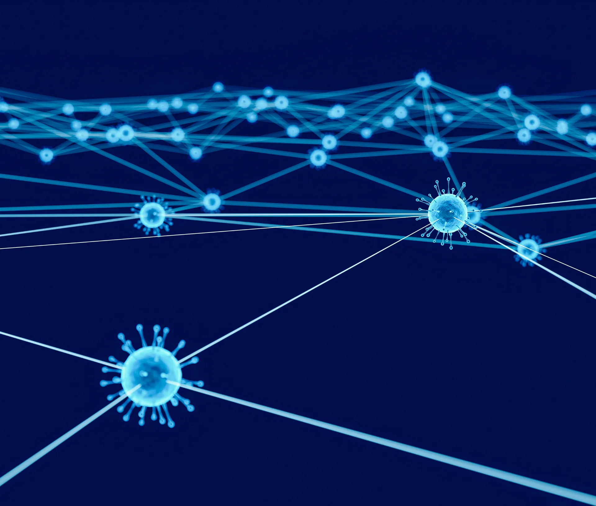 Digital illustration of virus like particles connected by glowing blue lines, representing a network or data flow on a dark blue background. The scene suggests how AI discovered bugs can be identified and addressed with a faster patch cadence, highlighting the evolving landscape of cyber security.