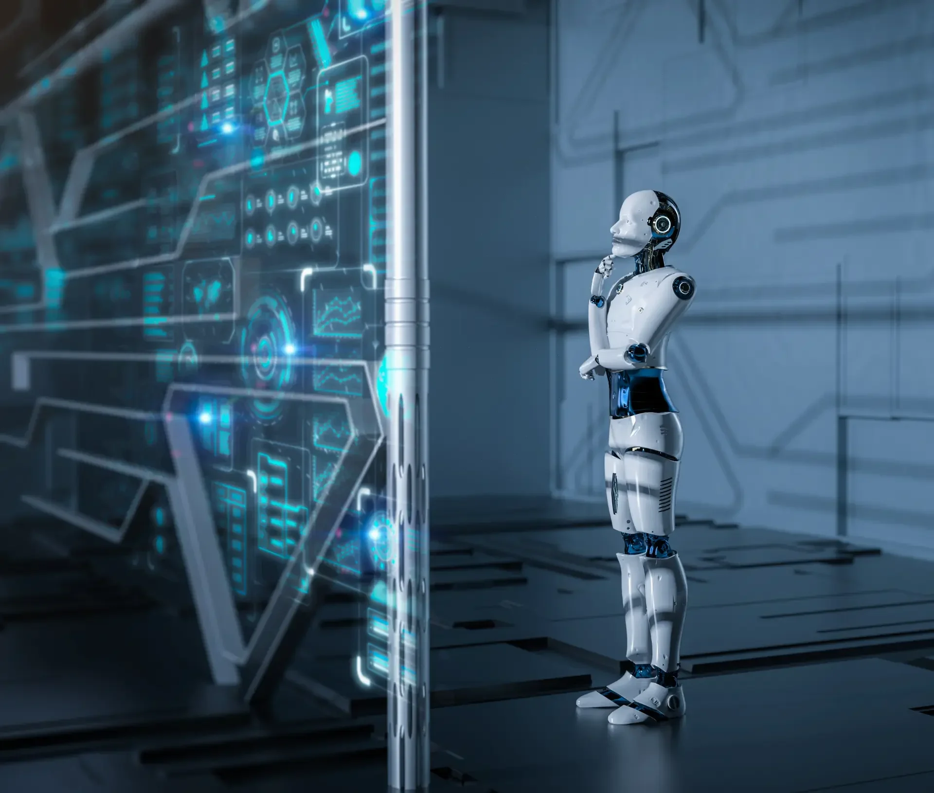A humanoid robot stands in front of a transparent digital screen displaying business data, appearing to analyze or contemplate the information using advanced ai automation.