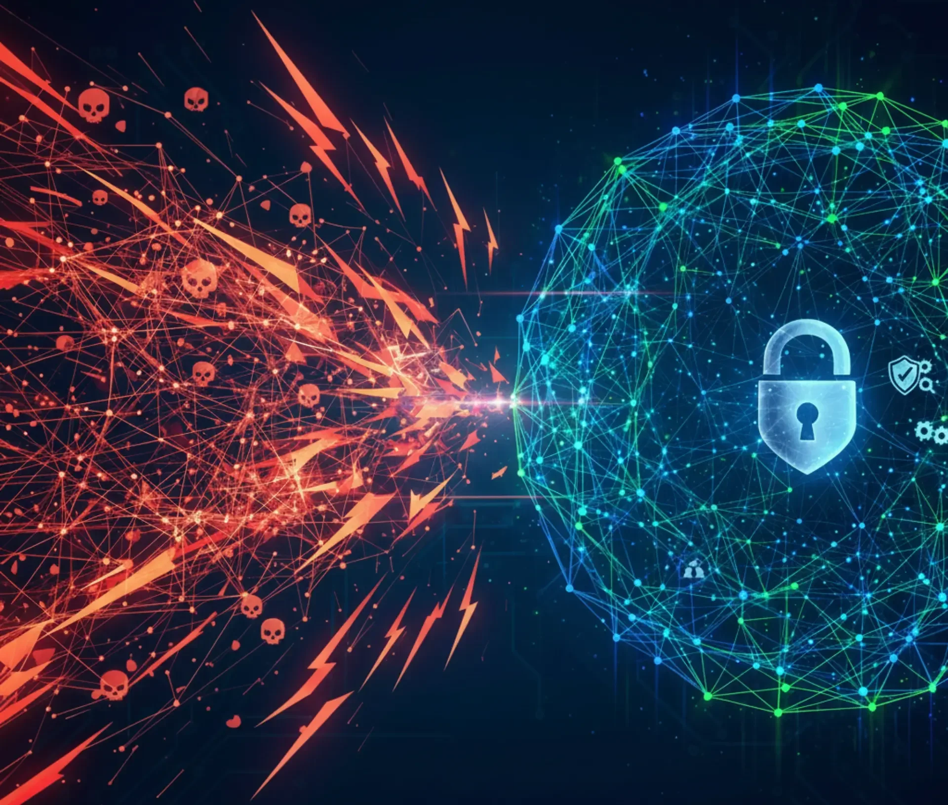 A digital illustration shows red cyber threats attacking a blue sphere with a padlock symbol, capturing the intense cyber battle of ai vs hackers and representing advanced cybersecurity defense measures.