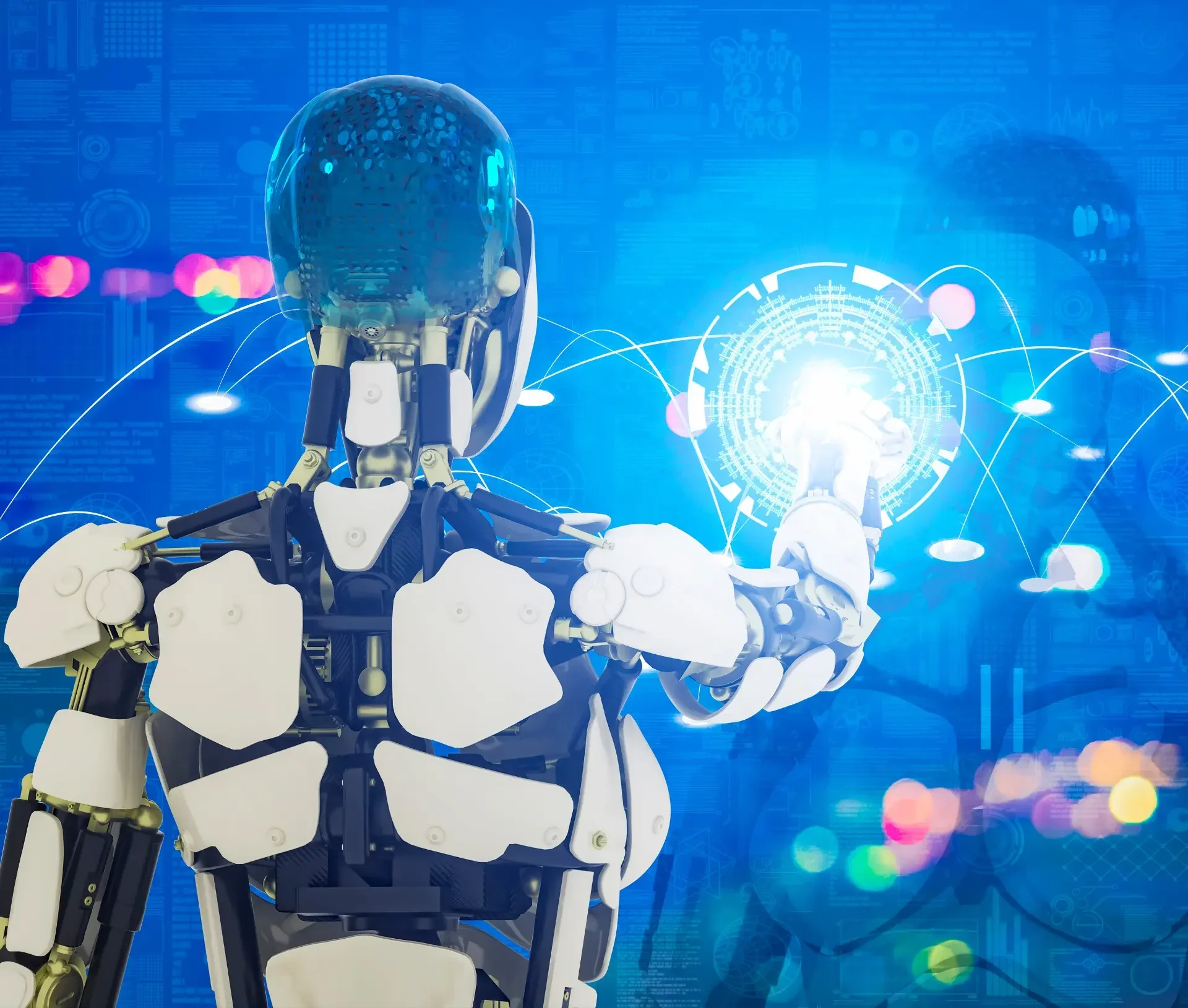A humanoid robot powered by agentic ai interacts with a glowing digital interface against a blue, technology themed background filled with data and circuit patterns, showcasing the future of automation.