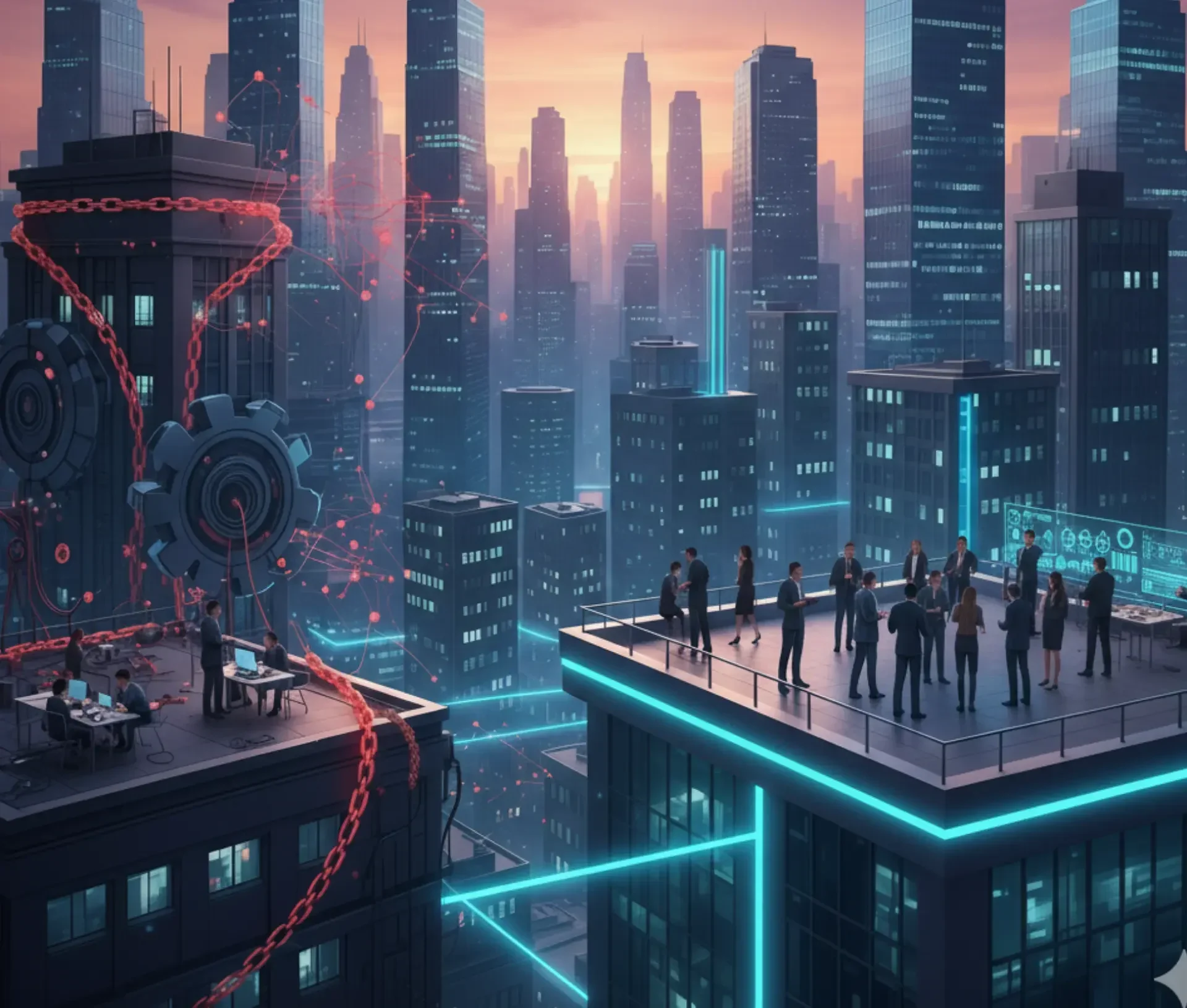 A group of people, including cisos and smes, stands on a rooftop overlooking a futuristic city at sunset, with digital networks and red chains connecting nearby buildings, symbolizing agile security in the modern urban landscape.