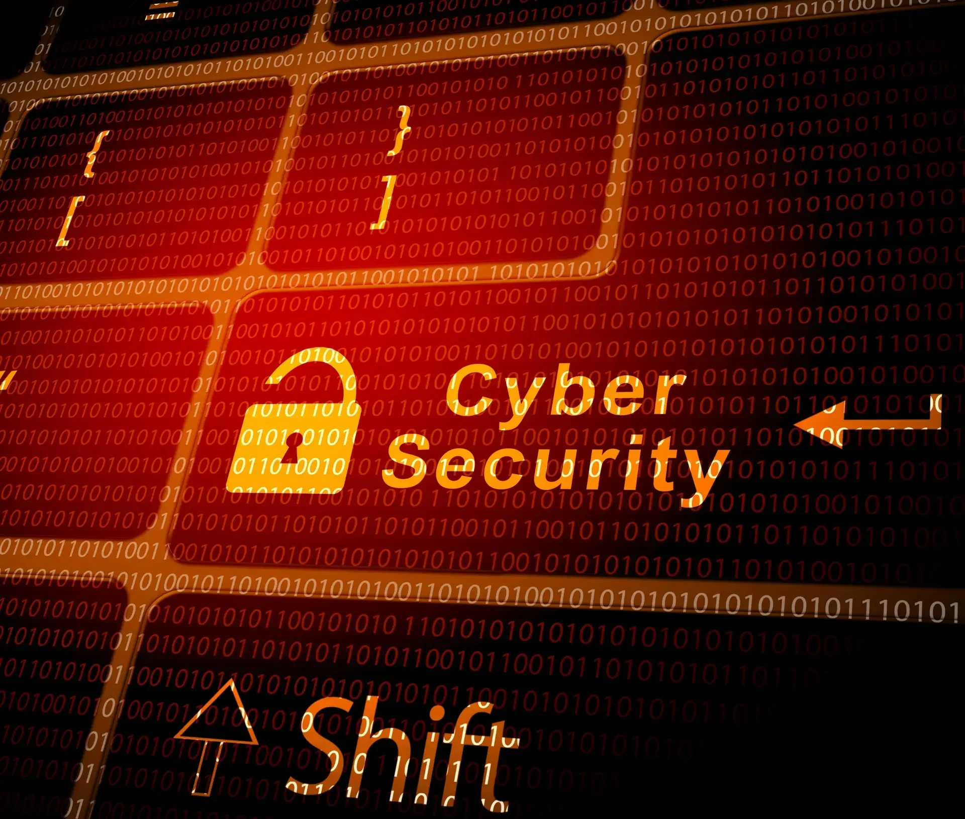 A digital keyboard displays "cyber security" and a padlock icon, with binary code in the background—highlighting attack surface management for robust sme cyber defence.