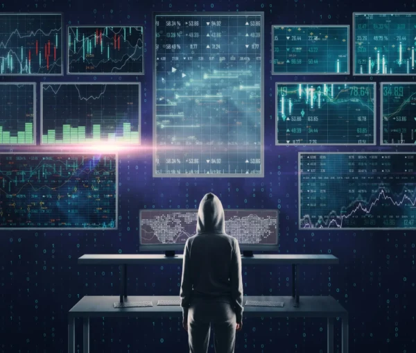 A person in a hooded sweatshirt stands in front of multiple large digital screens displaying financial data, charts, and global maps, embodying the look of a cybersecurity expert mastering hacker lessons in a dark room.