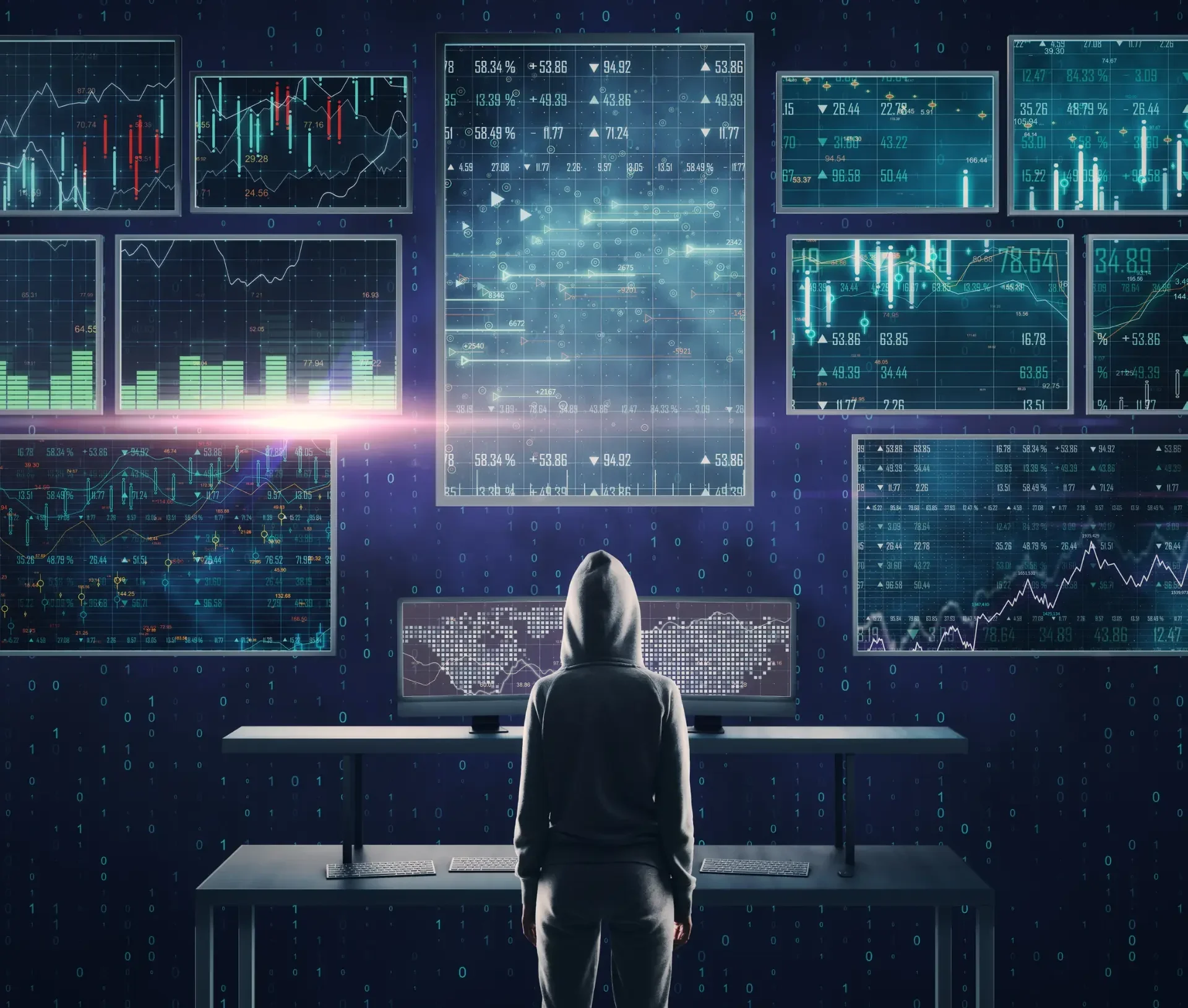 A person in a hooded sweatshirt stands in front of multiple large digital screens displaying financial data, charts, and global maps, embodying the look of a cybersecurity expert mastering hacker lessons in a dark room.