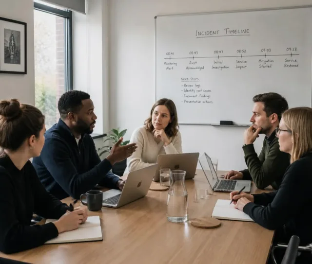 Five people sit around a table with laptops and notebooks, discussing in a meeting room. A whiteboard behind them shows an incident timeline and notes related to service issues, resolutions, and their ongoing business continuity strategies.