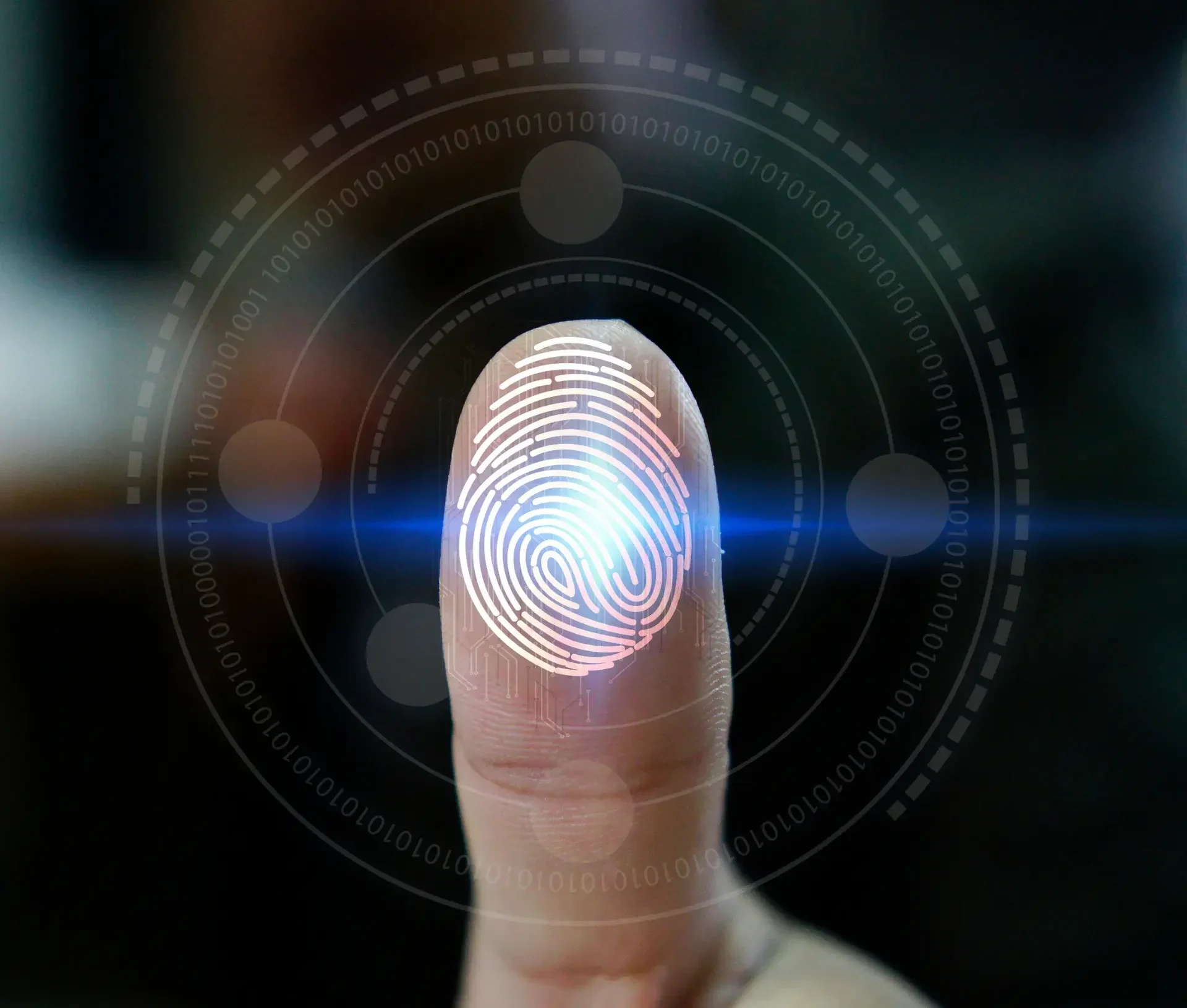 A close up of a finger pressing on a digital fingerprint scanner, enhanced with a virtual fingerprint and data graphics, illustrating smarter security through adaptive authentication.