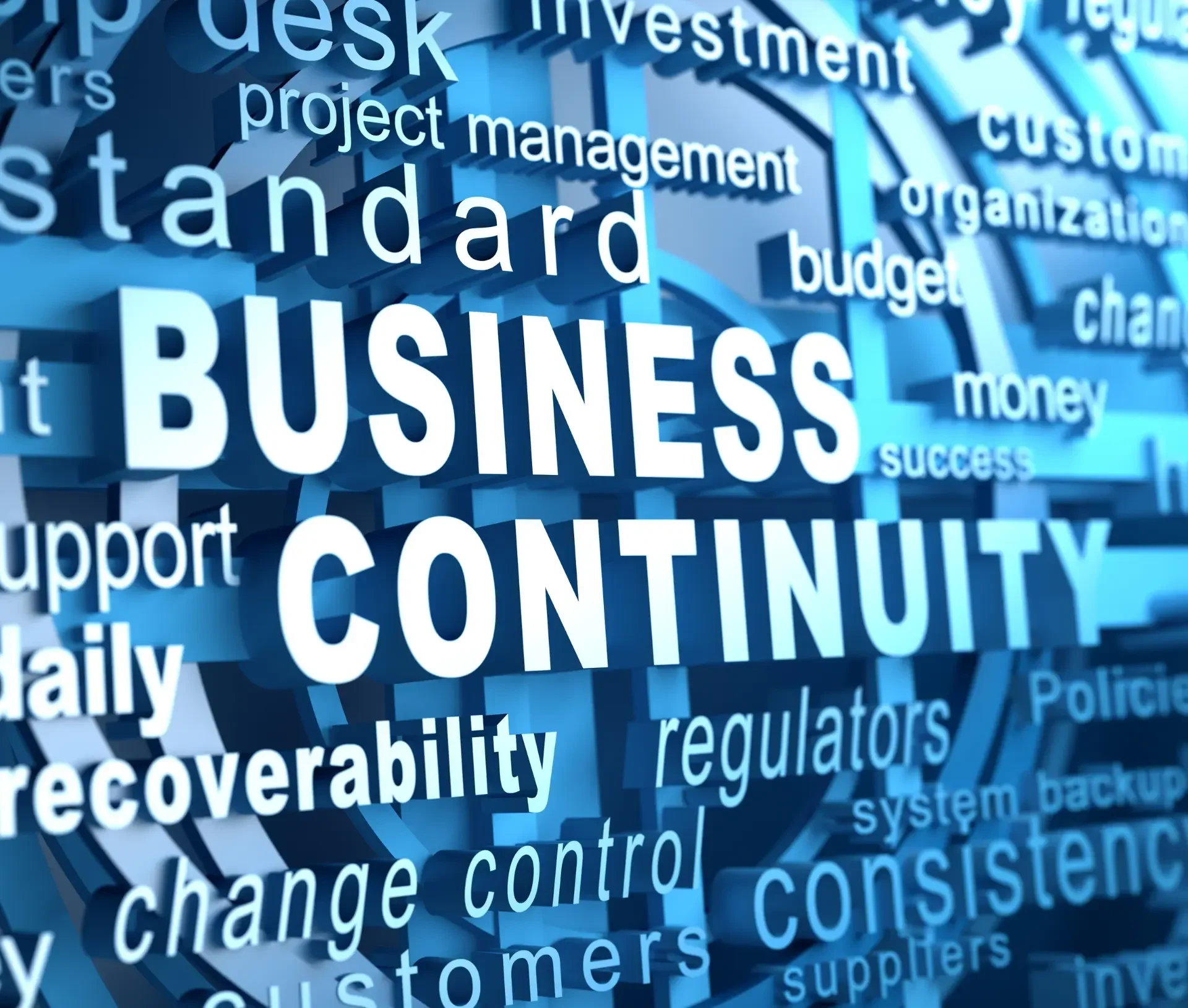 Large words "business continuity" appear in the center among related terms like "standard," "management," "backups," and "recovery," all in shades of blue, highlighting business continuity planning for smes.