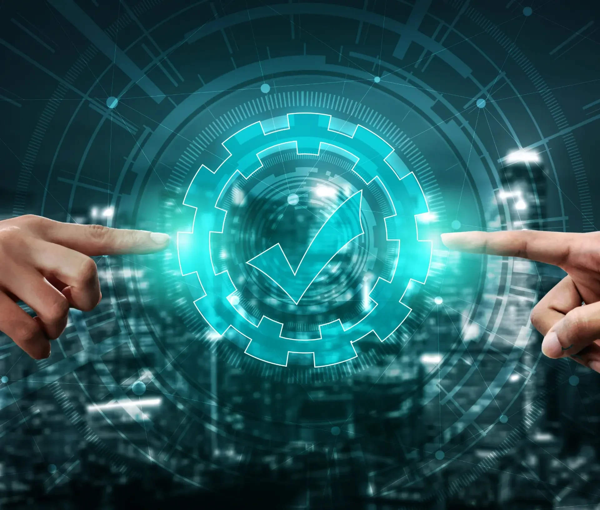 Two hands point toward a glowing digital gear with a checkmark in the center, representing business process automation against a blurred cityscape and technology themed background.