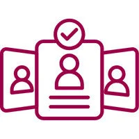 Icon of three user profiles, with the center profile highlighted and marked with a checkmark above it, symbolizing efficient candidate outreach or cv parser selection.