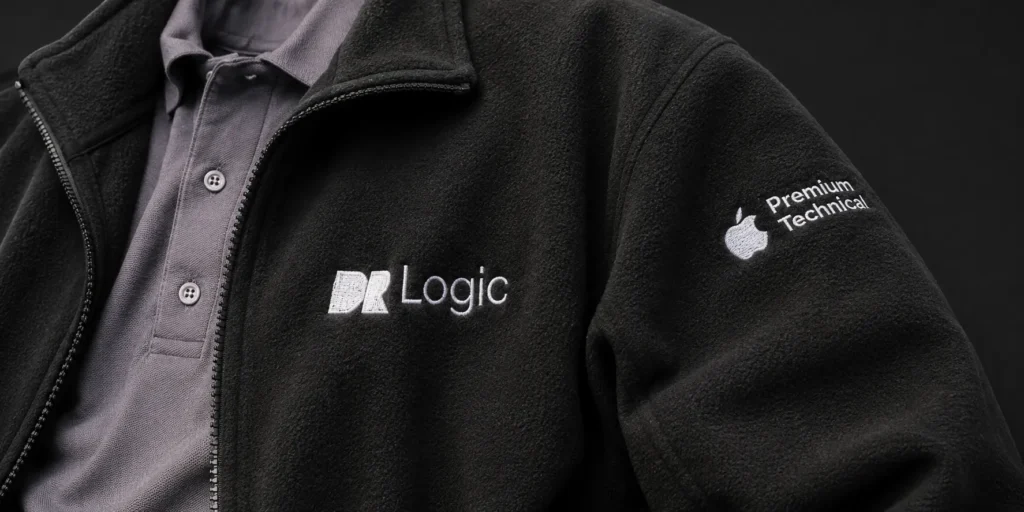 Close up of a person wearing a black fleece uniform jacket with "DR Logic" and "Apple Premium Technical" logos embroidered on the front and sleeve. The sustainable jacket is worn over a grey collared shirt.