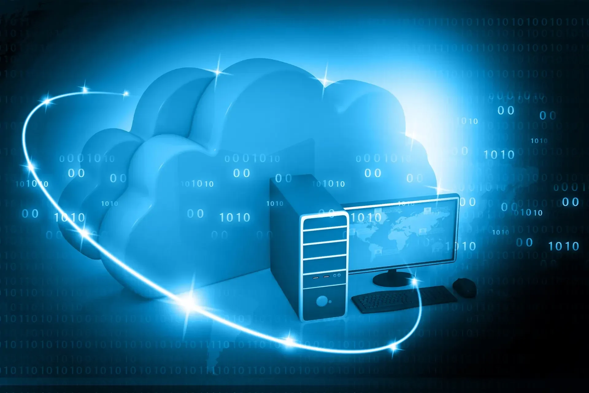 A computer workstation and server are shown in front of a large cloud icon, surrounded by binary code and a glowing curved line representing smart integration and data transfer for an effective cloud strategy 2025.