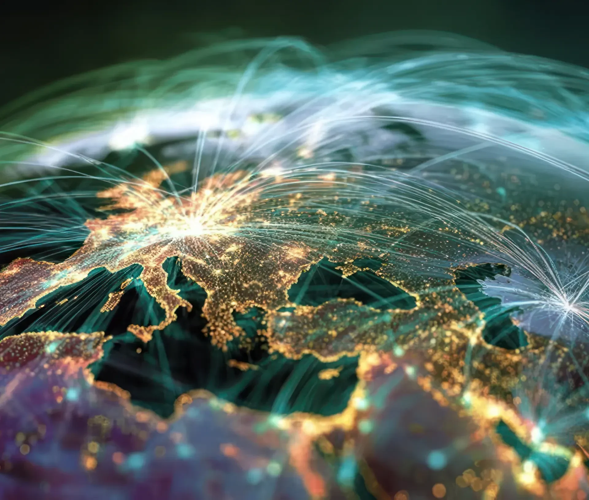 A digital image of Europe at night shows illuminated cities and white lines representing global web traffic and critical infrastructure dependencies across the continent.
