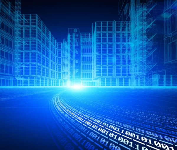 A digital cityscape with blue wireframe buildings and binary code flowing across the foreground, symbolizing modular architecture and the evolution of business tech in modern data networks.