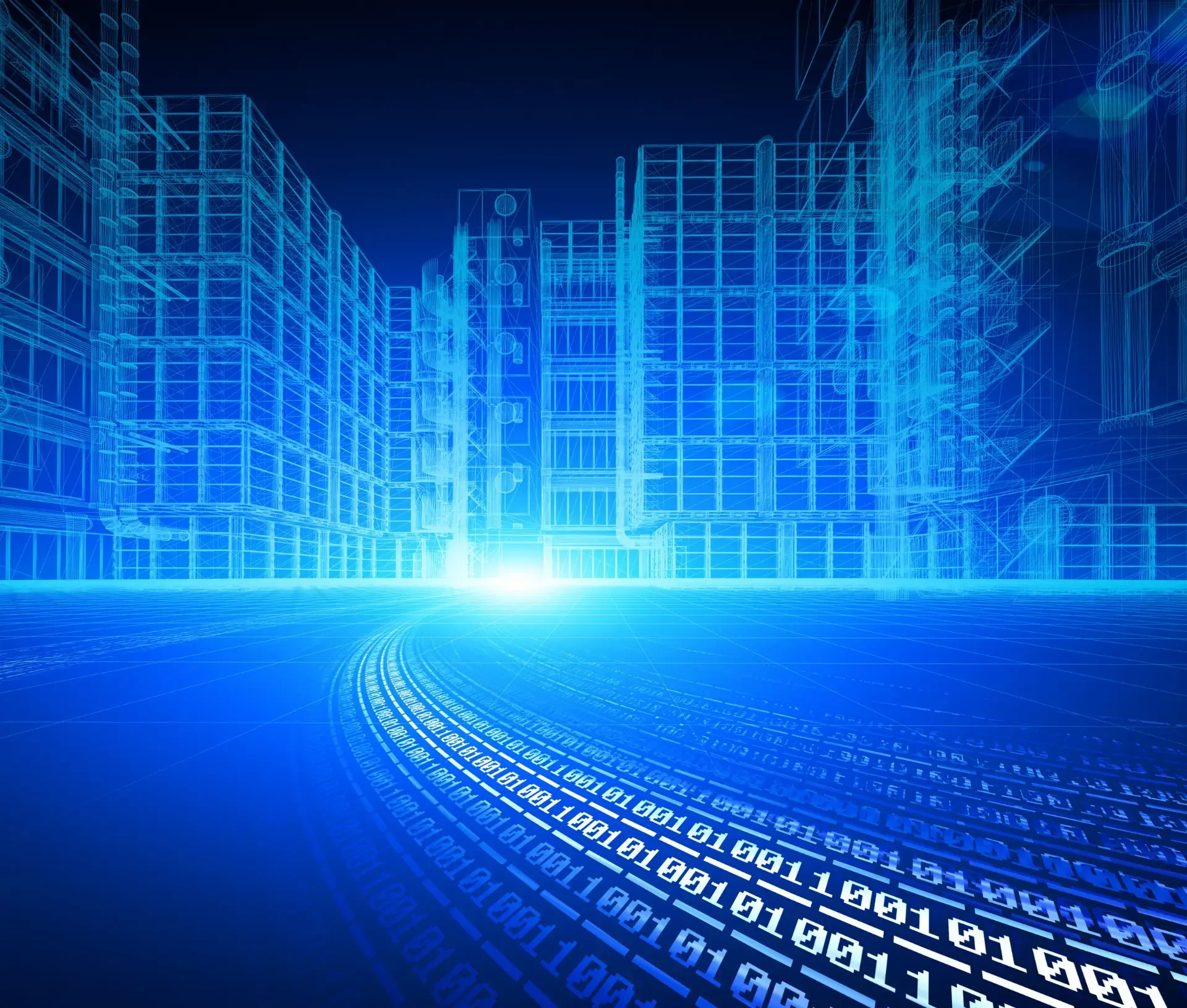 A digital cityscape with blue wireframe buildings and binary code flowing across the foreground, symbolizing modular architecture and the evolution of business tech in modern data networks.