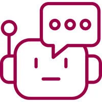 Simple line drawing of a robot head with a single antenna and a speech bubble containing three dots above it, representing smart cv parser technology or automated candidate outreach.