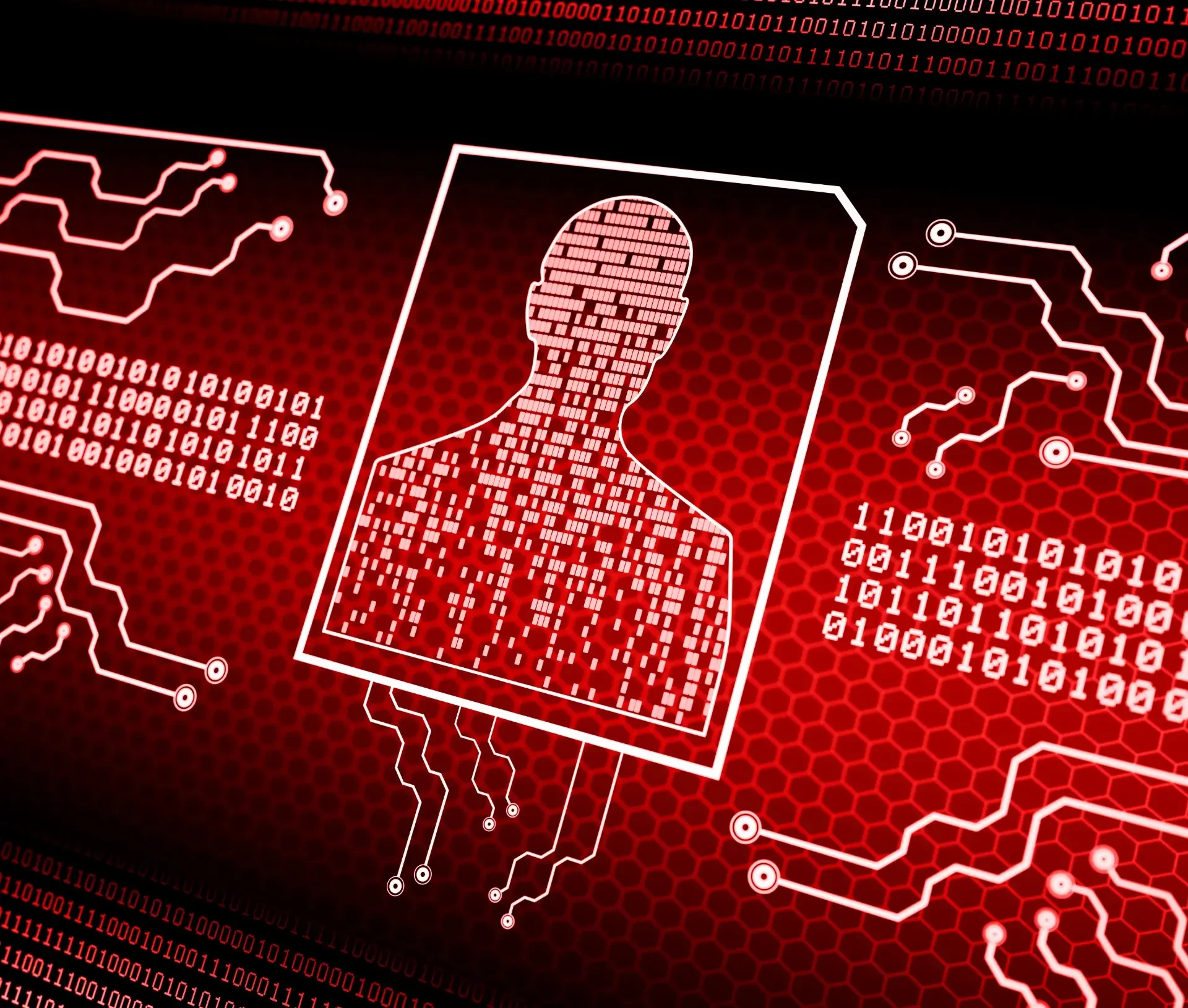 Digital illustration showing a silhouette of a person made of binary code, surrounded by circuit like lines on a red background, highlighting cybersecurity risks and the dangers of a false sense of security in the digital world.