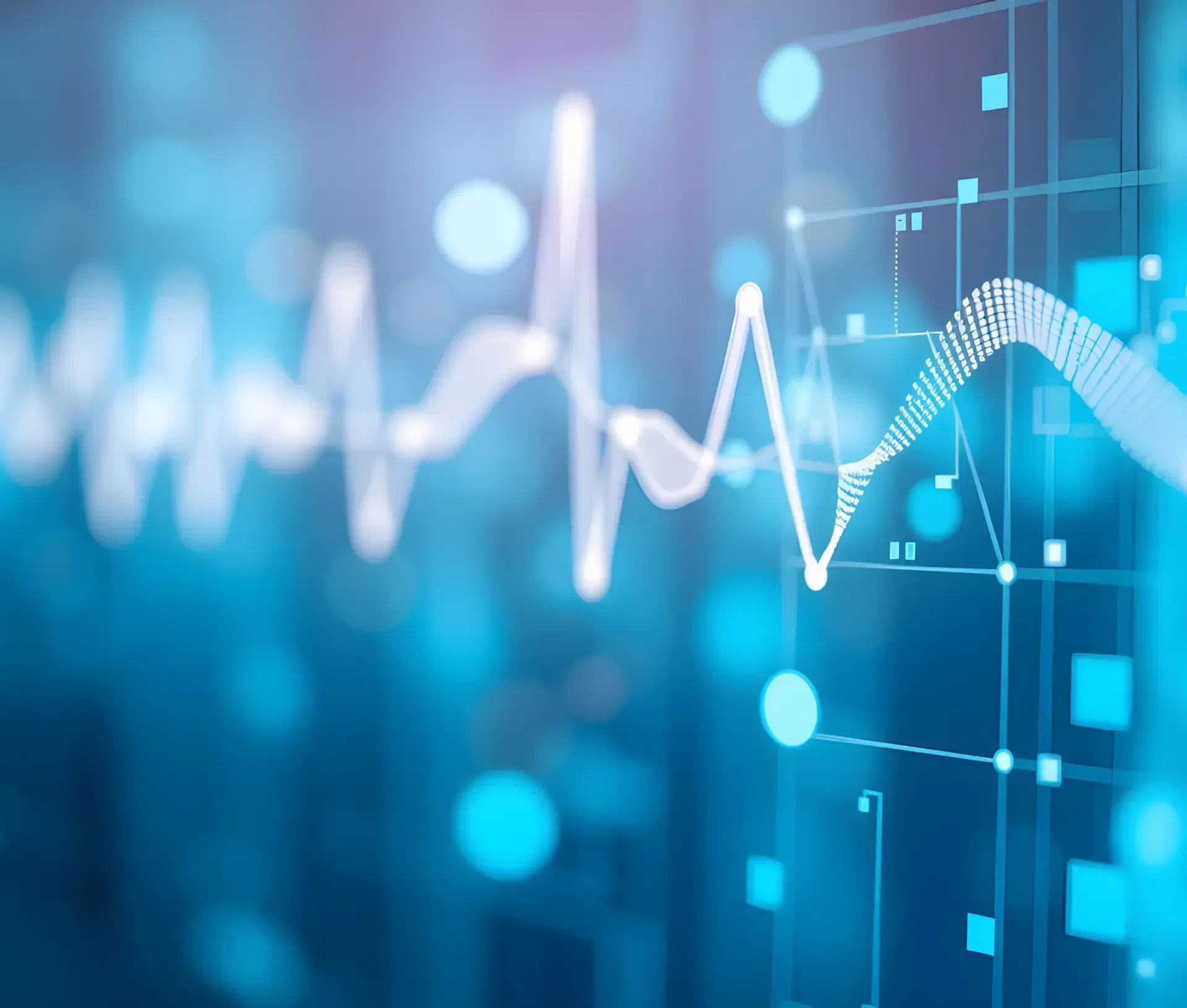 A digital illustration of a fluctuating white line graph or electrocardiogram (ecg) over a blue background with abstract geometric shapes and data points, evoking the flow of information found in faqs or frequently asked questions.
