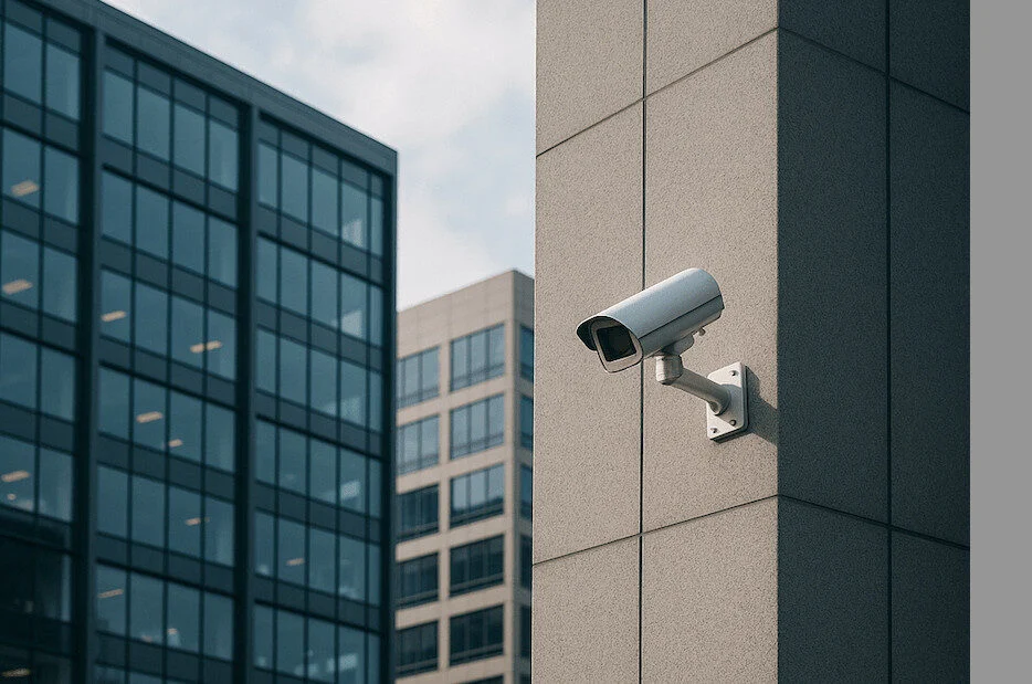 A security camera mounted on the corner of a concrete building, safeguarding the infrastructure of uk businesses, with modern glass office buildings in the background.