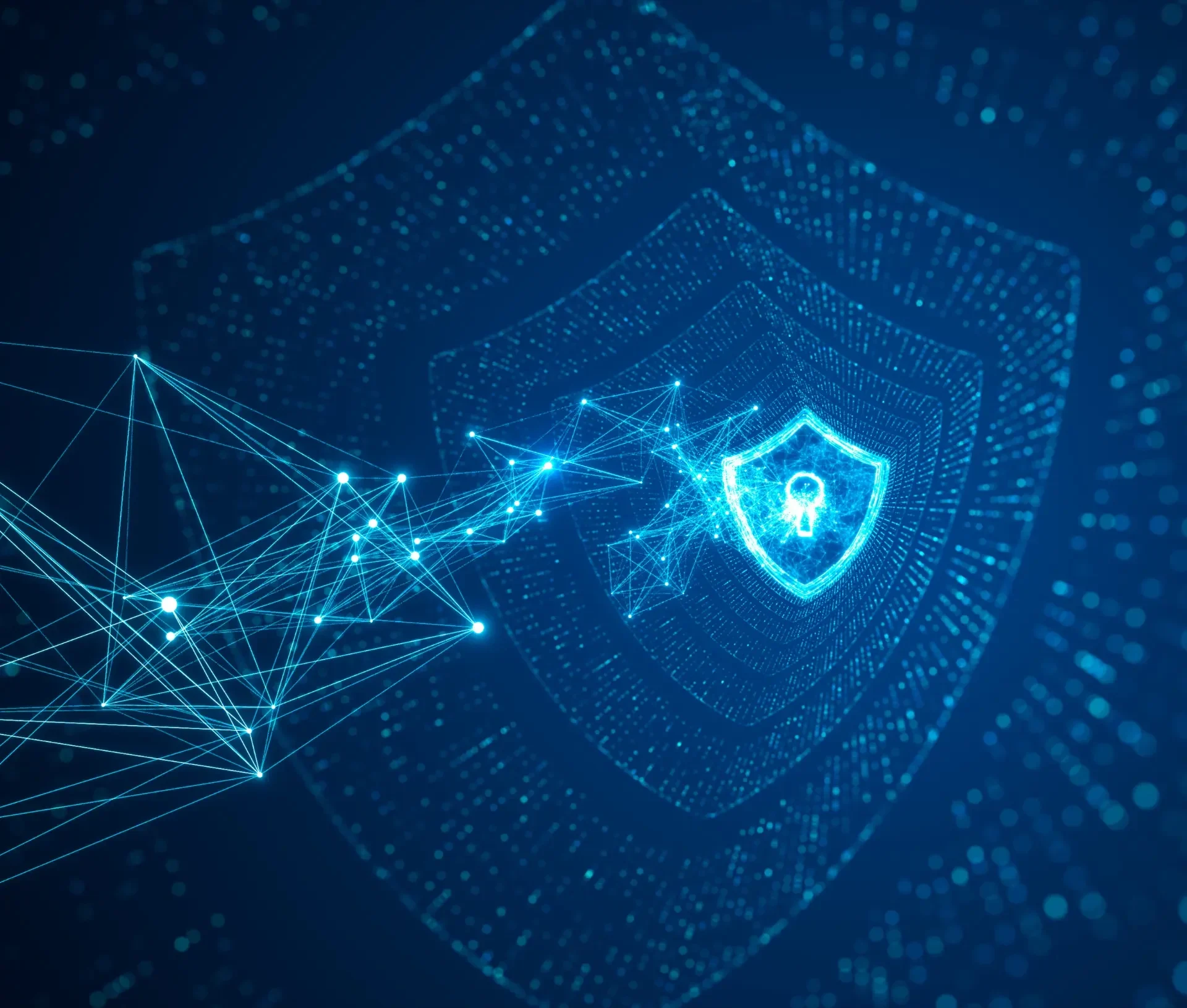 Digital illustration of a glowing shield with a padlock symbol, surrounded by network connections, representing cybersecurity and data protection against AI exploitation and cybercrime.