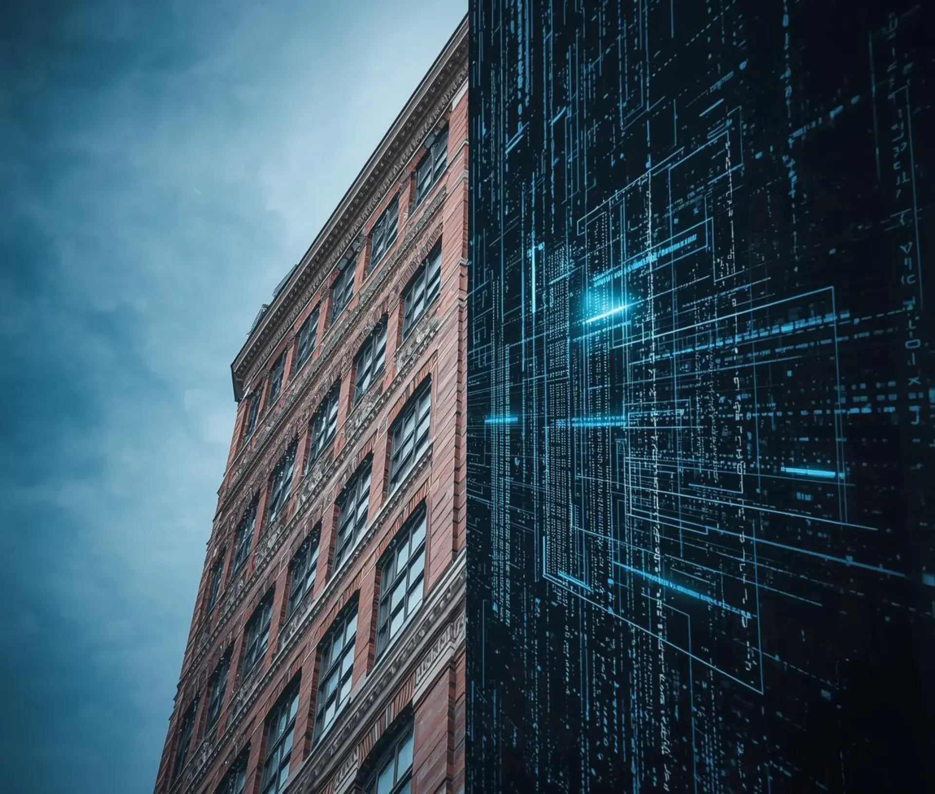 A brick building stands next to a digital wall displaying blue, glowing circuit like patterns, illustrating how digital twins can blend physical architecture with digital elements to boost real world efficiency under a cloudy sky.