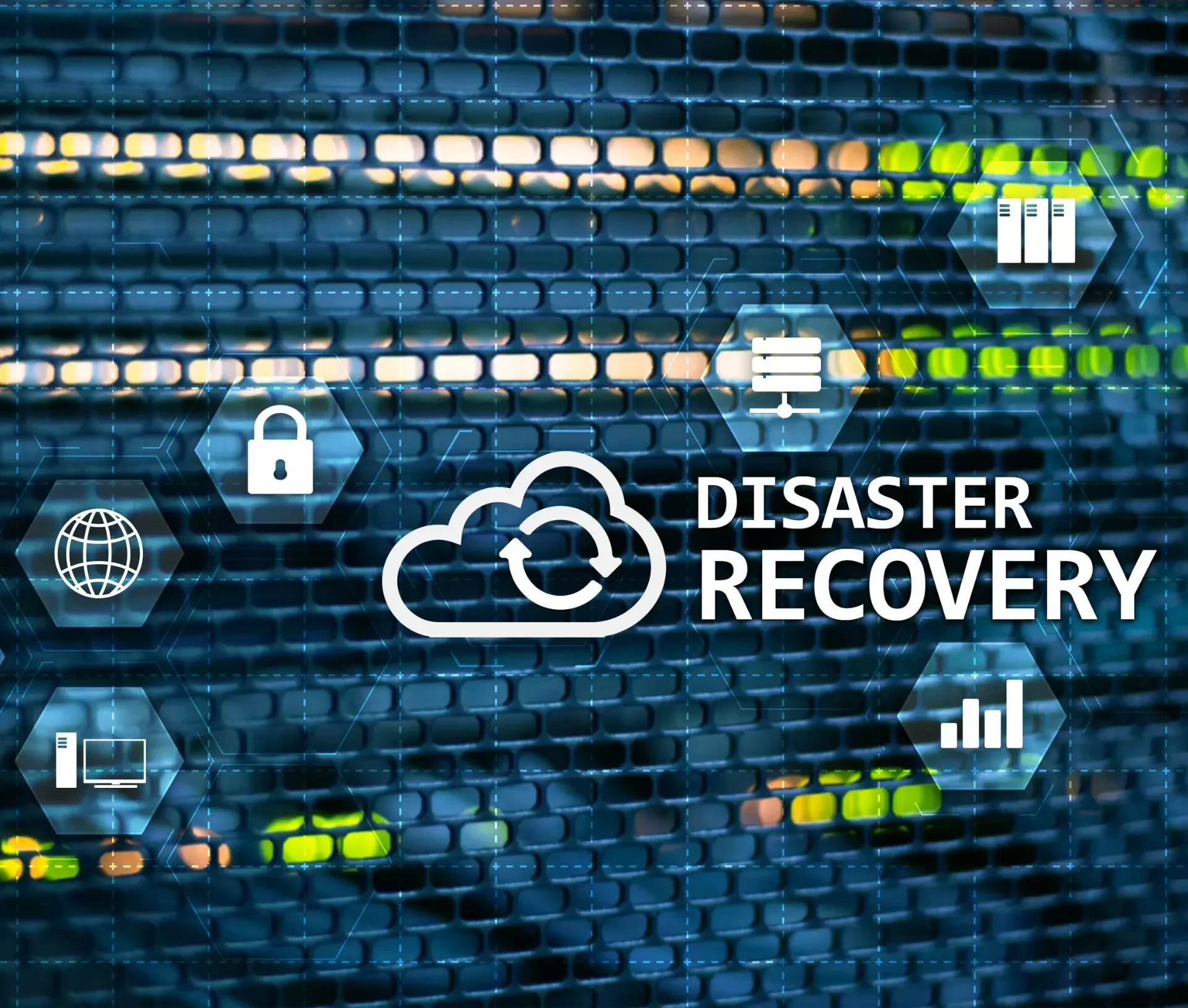 Hexagonal digital icons related to data, downtime, and security surround the text “disaster recovery” over a blurred server rack background.
