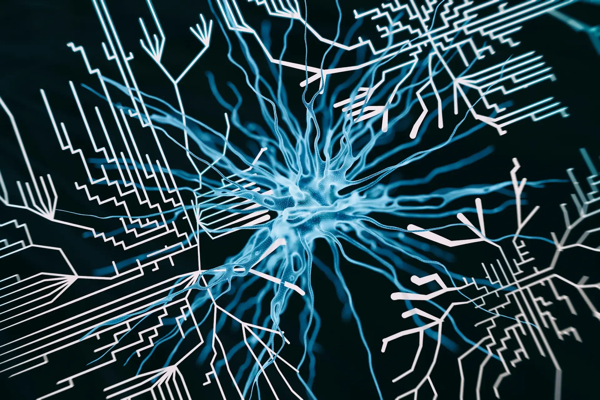 Abstract digital illustration of a neural network, blending organic neuron like lines with circuit board patterns to highlight system integration on a dark background.