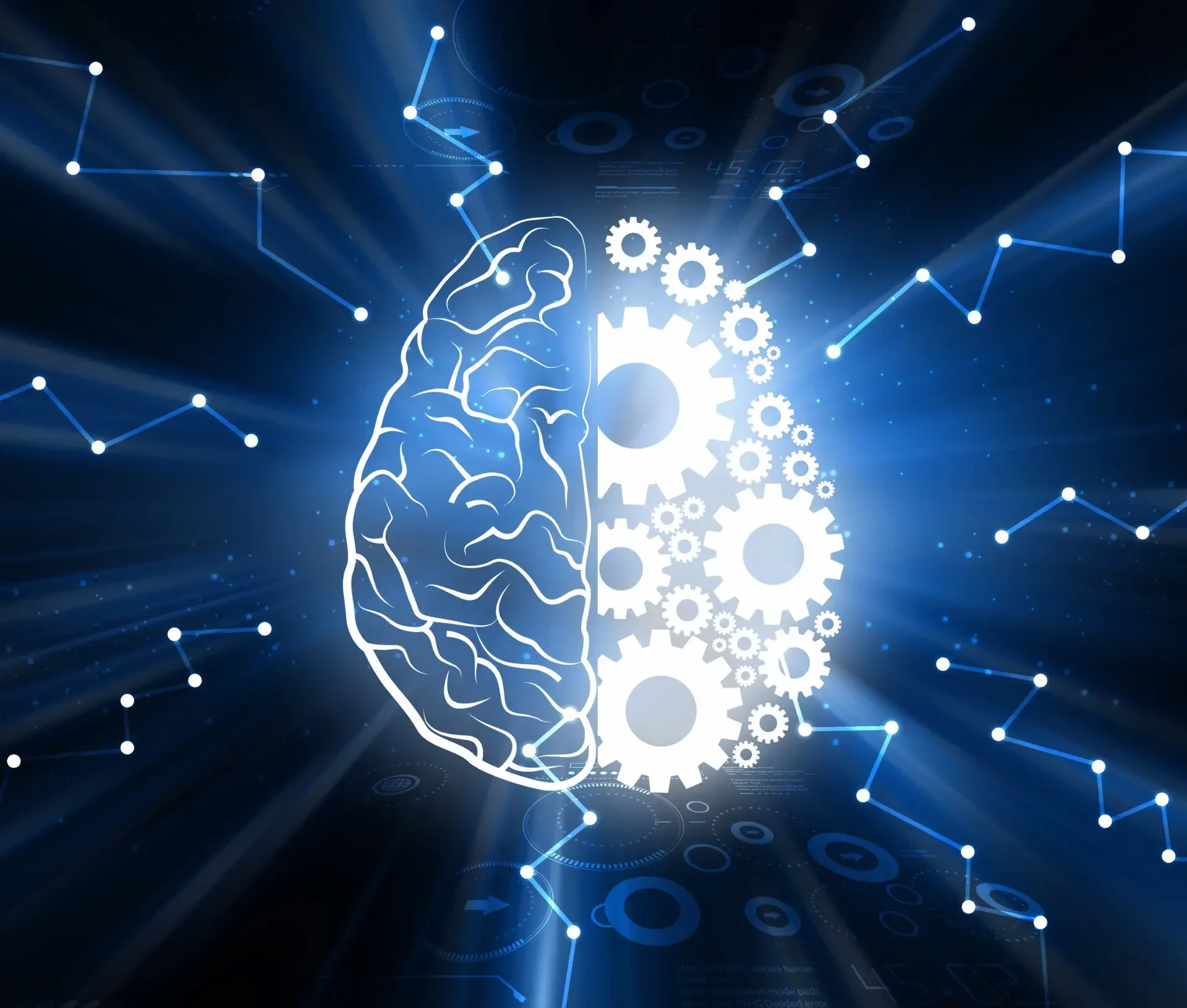 Illustration of a brain split in half, with the left side showing brain anatomy and the right as interconnected gears, symbolizing the fusion of human intelligence, problem solving, and ai.