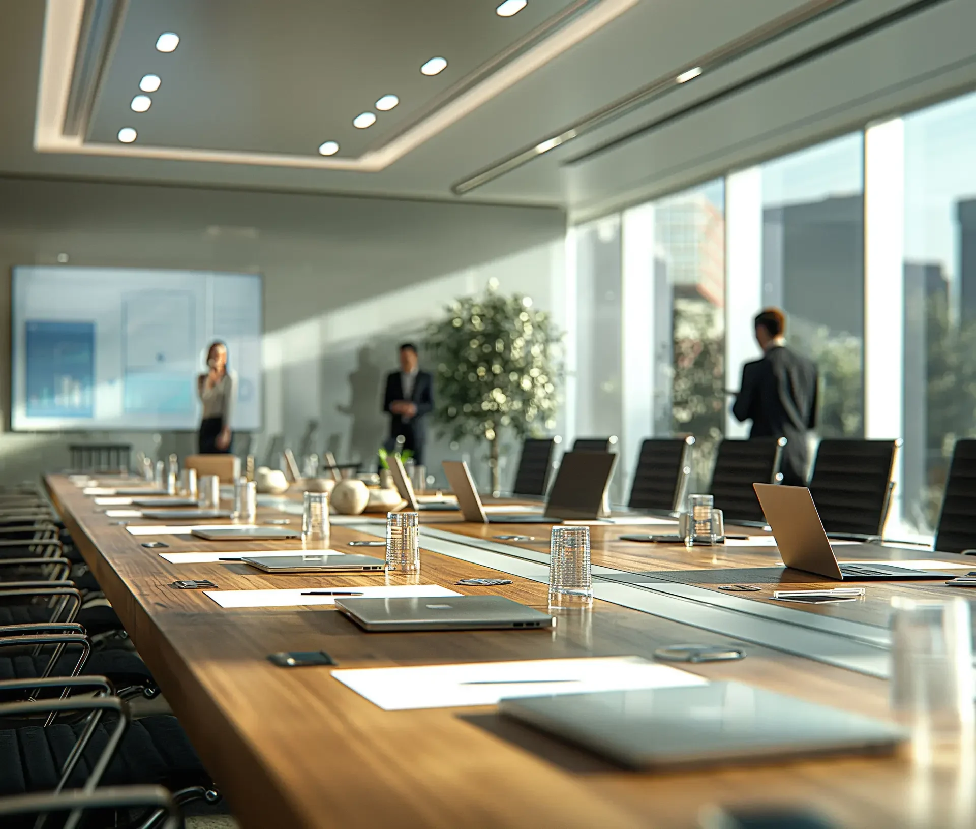 A modern conference room with a long table, laptops, and documents—three people stand talking near large windows in the background, discussing a strategic mandate for UK businesses.