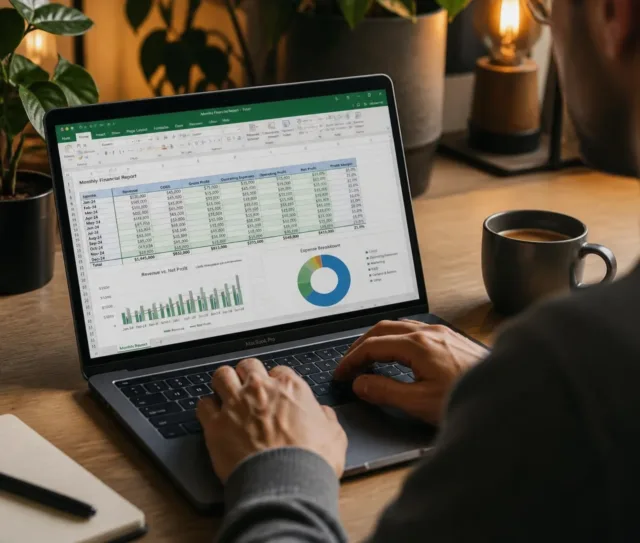 Person working on a laptop displaying a financial spreadsheet with charts and graphs, at a desk with a notebook, pen, coffee mug, plants, and a lamp in the background. A handy shortcut reference sheet is visible beside the laptop—perfect for Windows users or anyone navigating Excel for Mac.