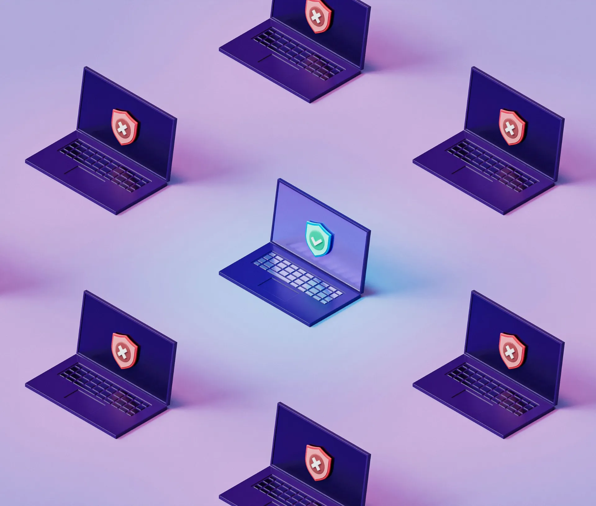 Eight laptops on a purple surface, seven showing a red shield with an X and one in the centre displaying a green shield with a tick, symbolising strong endpoint protection or cyber security amid growing digital threats.