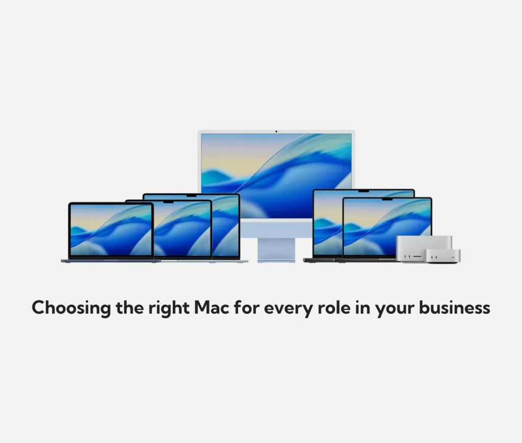 Five Apple devices, including laptops, a desktop, and two Mac minis, are displayed side by side above the text, “Choosing the right Mac for every role in your business.” Perfect for finding the ideal Mac for business needs.