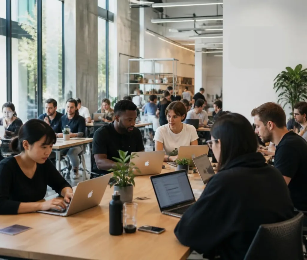 People working on laptops around a large table in a modern, bright office space, with big windows and plants. The atmosphere is collaborative, as the Mac team concentrates on their tasks and provides Apple IT help to colleagues.