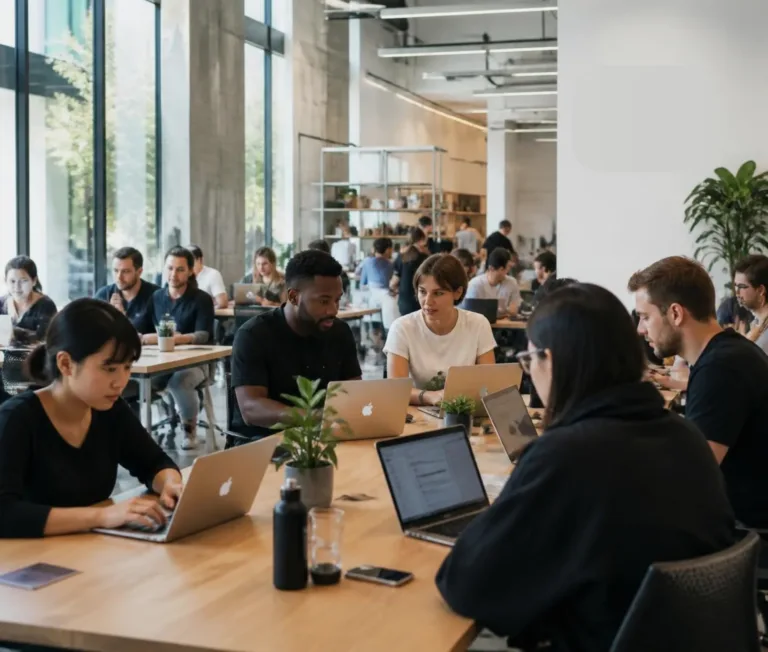 People working on laptops around a large table in a modern, bright office space, with big windows and plants. The atmosphere is collaborative, as the Mac team concentrates on their tasks and provides Apple IT help to colleagues.