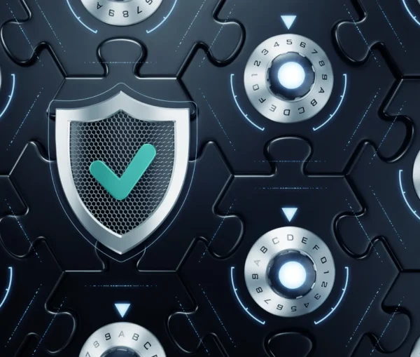 A digital illustration of a shield with a green checkmark, surrounded by circular dials and puzzle pieces, visually representing cyber security principles and the zero trust security approach to data protection.