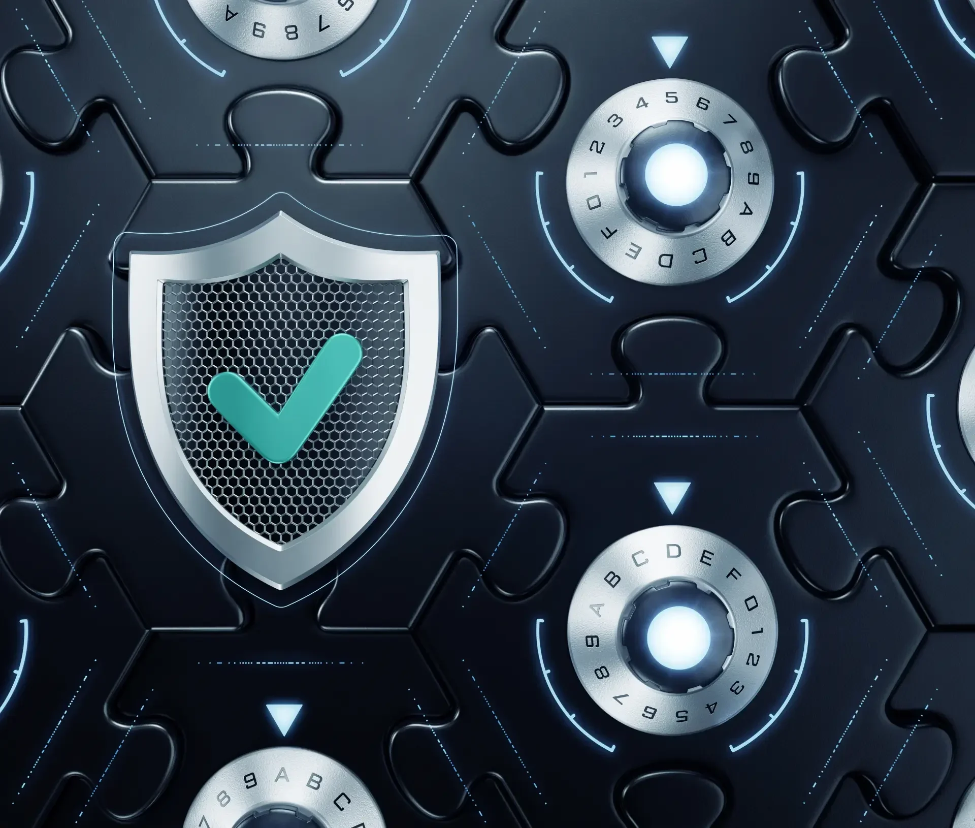 A digital illustration of a shield with a green checkmark, surrounded by circular dials and puzzle pieces, visually representing cyber security principles and the zero trust security approach to data protection.
