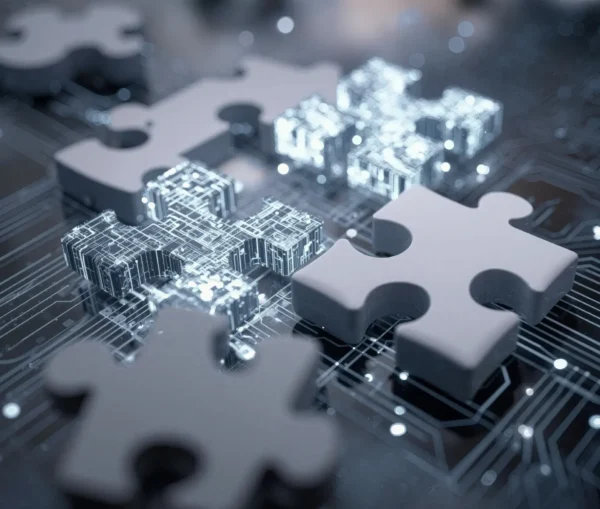 Puzzle pieces with digital circuit patterns are placed on a motherboard like surface, symbolizing the integration of technology and problem solving—ideal for showcasing creative agencies integrations.