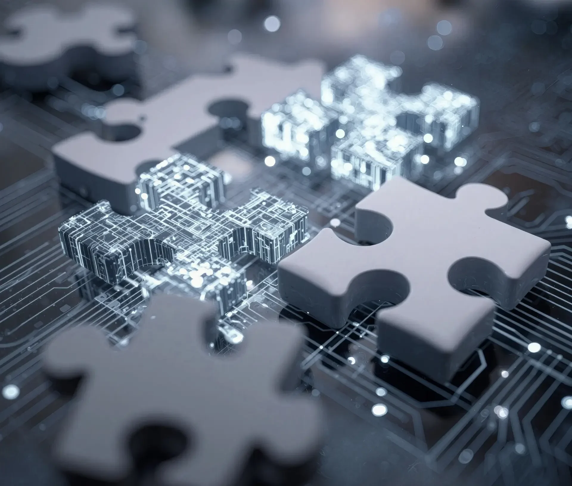Puzzle pieces with digital circuit patterns are placed on a motherboard like surface, symbolizing the integration of technology and problem solving—ideal for showcasing creative agencies integrations.
