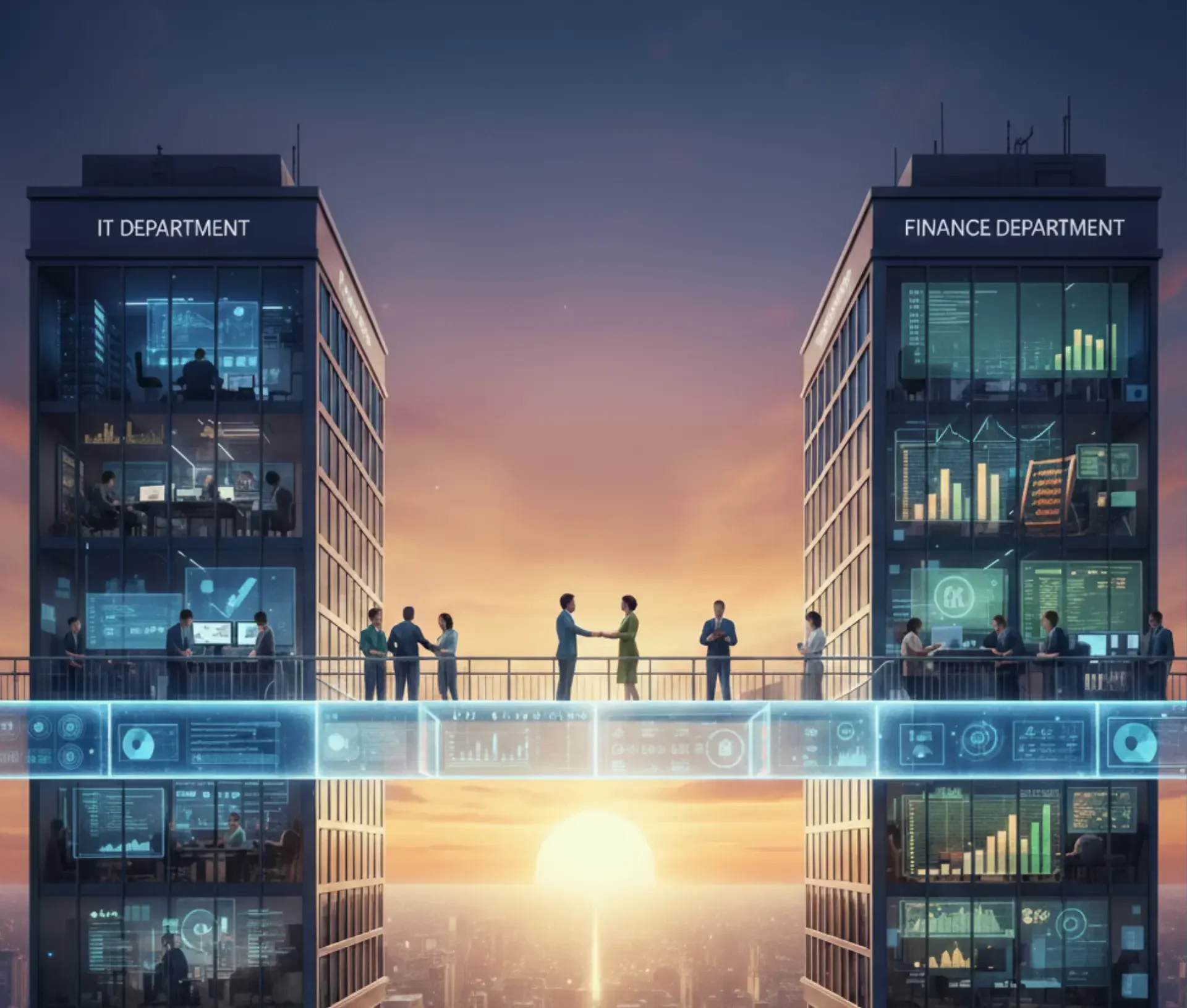 Two office buildings labeled it department and finance department are connected by a glass bridge, highlighting it and finance collaboration as businesspeople meet while the sun sets in the background.