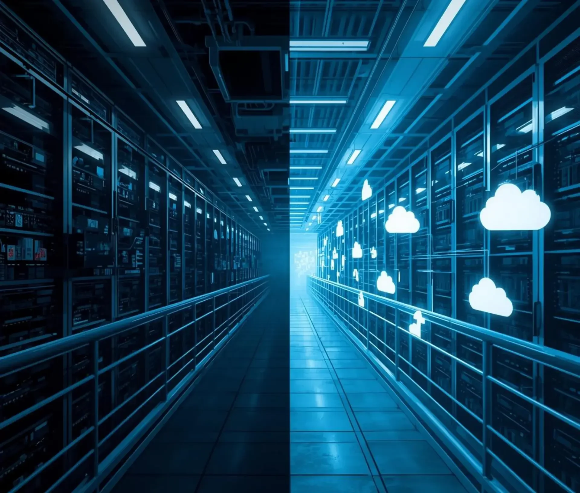 A corridor splits into two sections: one side with server racks representing legacy load, and the other with glowing cloud icons symbolizing future proof cloud computing and modernising core business systems.