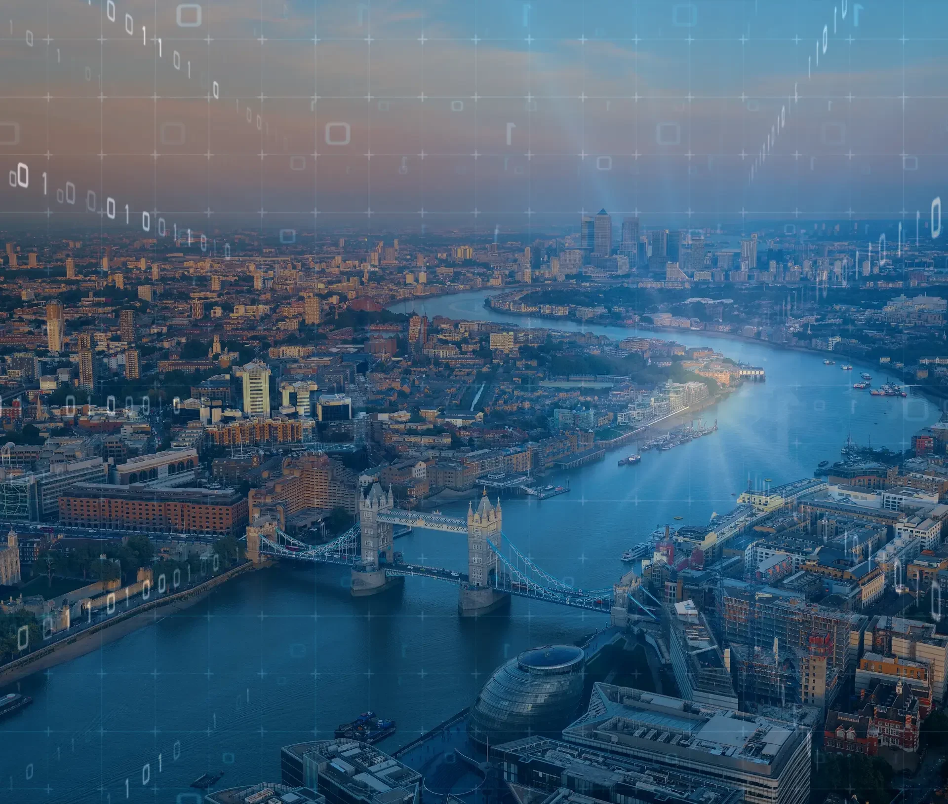 Aerial view of central london featuring tower bridge over the thames, overlaid with digital graphics—including binary code and geometric shapes—highlighting ai for uk businesses and innovative technology trends.