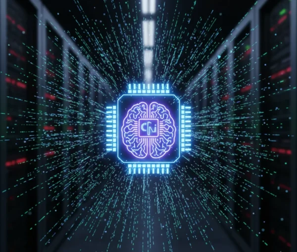 A glowing digital brain with "ai" text is displayed in a server room corridor, surrounded by streams of blue data lines, representing ai driven threat detection and the future of cybersecurity within a modern soc environment.