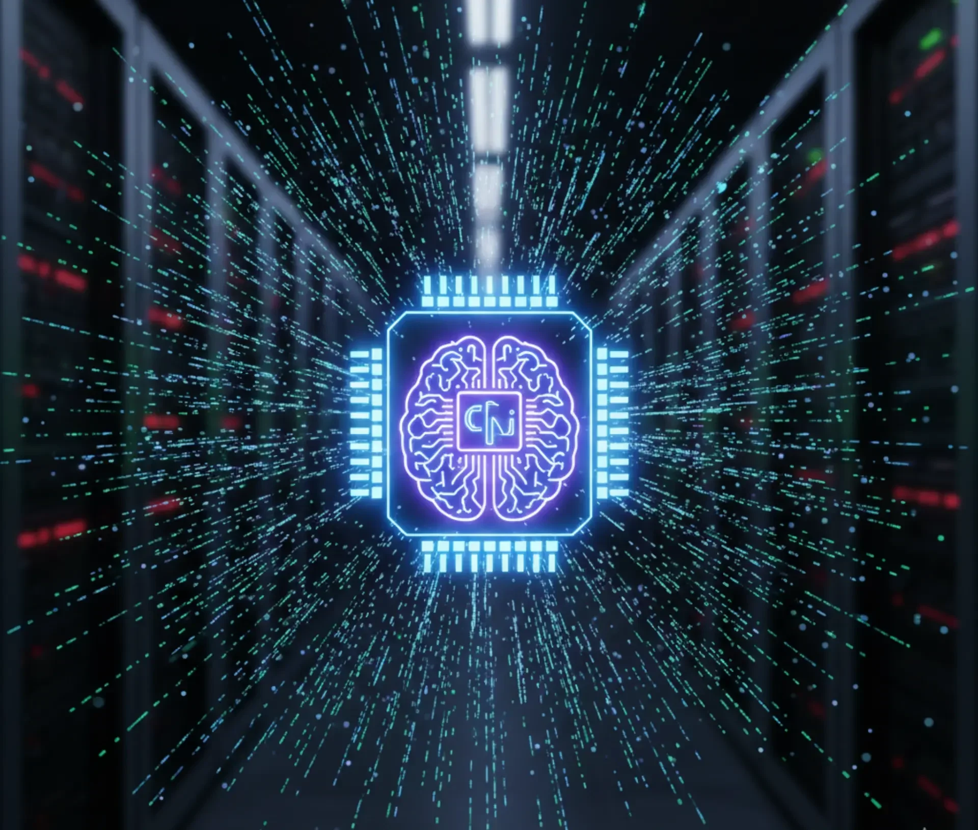 A glowing digital brain with "ai" text is displayed in a server room corridor, surrounded by streams of blue data lines, representing ai driven threat detection and the future of cybersecurity within a modern soc environment.