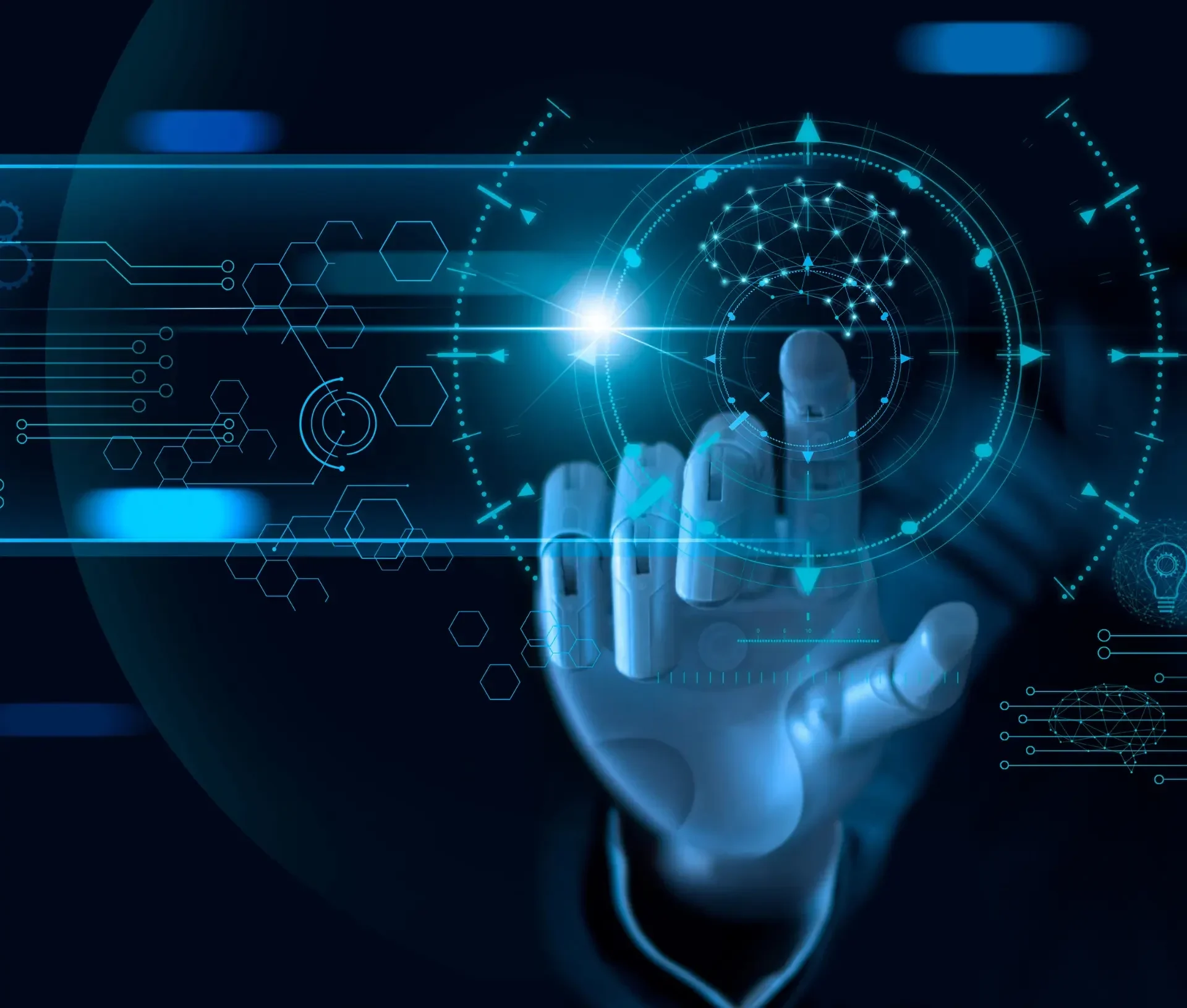 A robotic hand reaches toward a glowing digital interface with geometric shapes, representing advanced technology, generative ai, and the business impact of artificial intelligence.