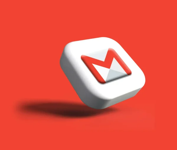 A 3d white square button featuring the gmail envelope logo appears on a solid red background, casting a shadow below—perfect for it leaders focused on google data protection.